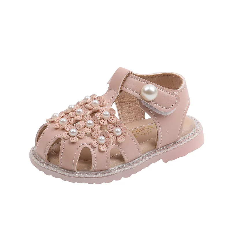 

Летние детские сандалии с цветами и жемчугом для девочек, детская Милая пляжная обувь с мягкой подошвой, модные детские сандалии с вырезами для маленьких принцесс