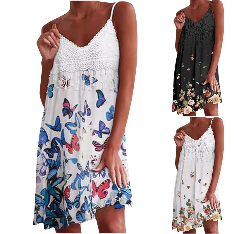

2022New European and American-Style LaceVCollar Digital Printing Spaghetti Straps Sleeveless Slim Dress