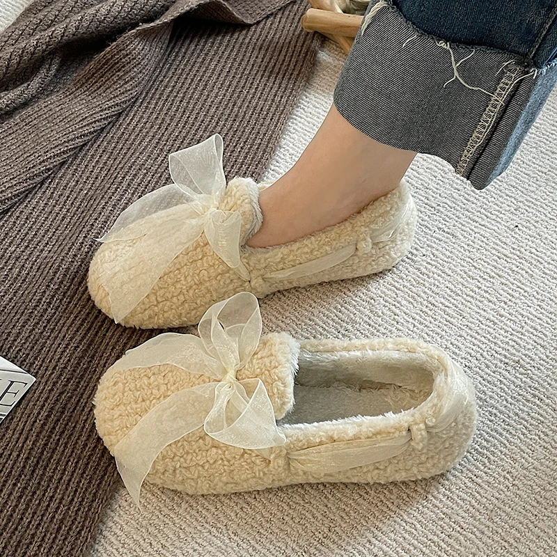 

Loafers Fur Casual Woman Shoe Bow-Knot Round Toe Clogs Platform Butterfly New Moccasin Creepers Winter Solid Butterfly-knot Rubb