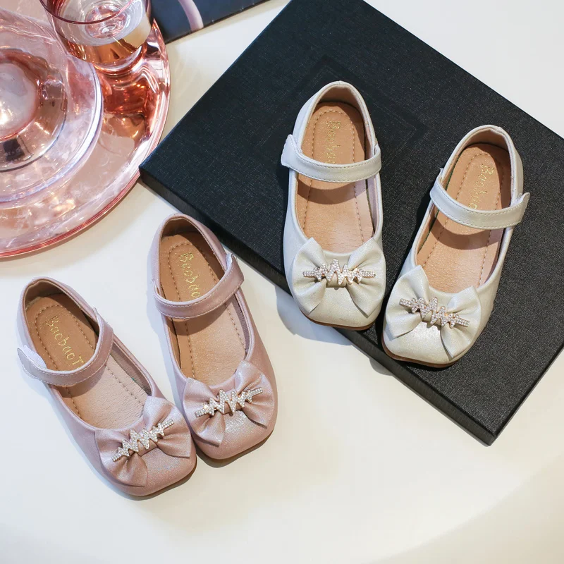 

Girls Flats with Bow Rhinestone Decor Kids Fashion 2022 Hook & Loop Spring New Square-toe PU Casual Children Princess Mary Jane