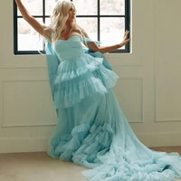 sky blue evening dresses adjustable straps tied bow sweetheart prom dress with long train ruffles tulle ball gown elegant dress