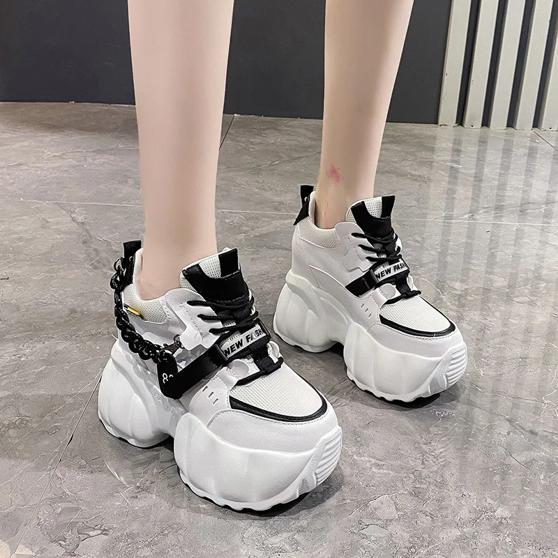 

10CM Thick Sole Casual Ladies Vulcanized Shoes Sport High Platform Sneaker Woman Chain Chunky Sneakers White Pink Fashion Women