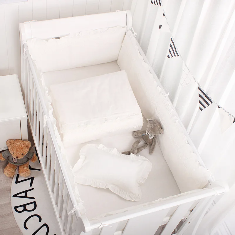 5Pcs Set White Princess Newborn Baby Crib Bumper Flat Bed Sheet Organic Cotton Lace Cot Side Protector Kids Matress Cover
