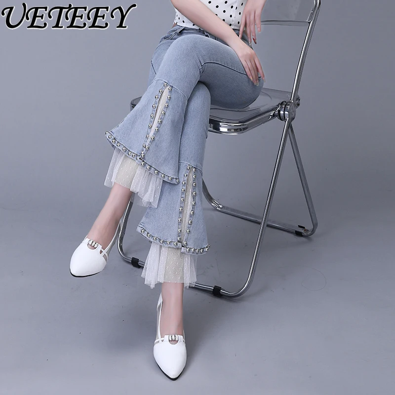 

Ladies Light Blue Stitching Lace Bootleg Denim Pants Women's Spring and Summer High Waist Cropped Mesh Rivet Split Jeans