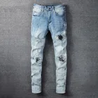Рваные джинсы с эффектом потертости, штаны с зауженными штанинами светло-голубого цвета, мужские брюки 2022, мужские джинсы с графическим принтом, уличная одежда, черные мужские джинсы