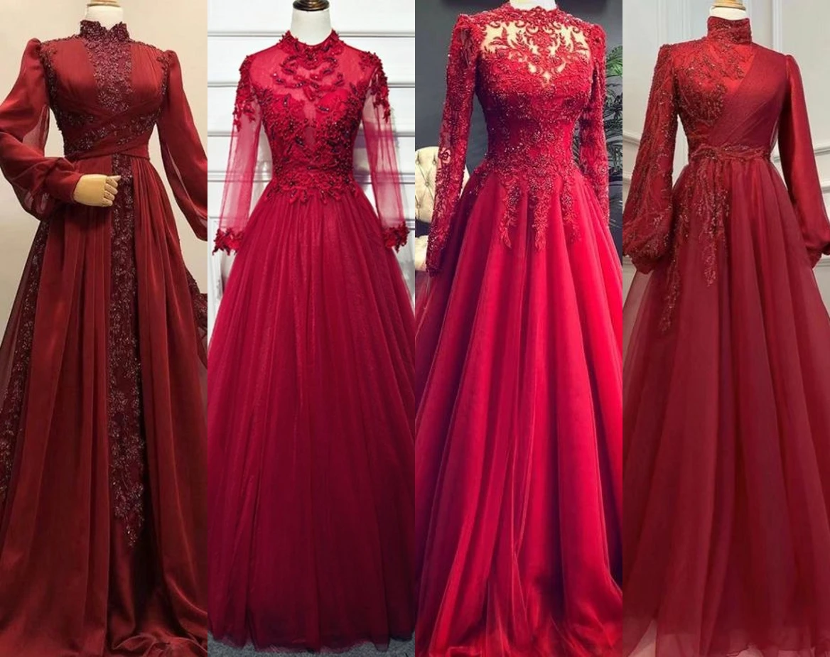 Платье Свадебное ТРАПЕЦИЕВИДНОЕ с длинными рукавами и шлейфом красное в