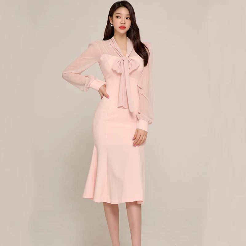 

2023 Autumn Korean Style Women Bodycon Dresses Pink Slim Midi Dress Elegant long Sleeve Party Office Vestidos