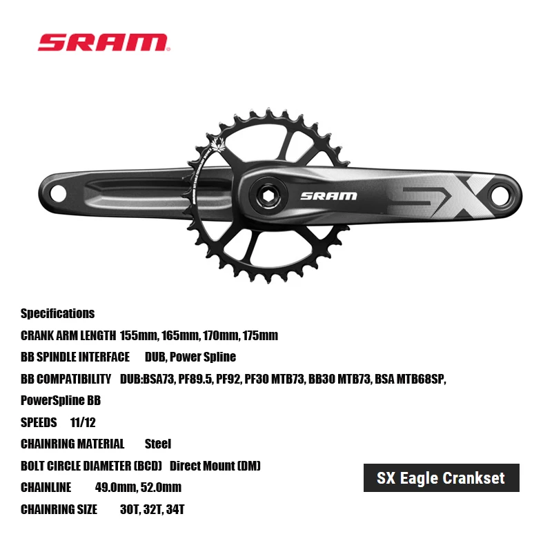 SRAM SX EAGLE™ CRANKSET 11/12 SPEED Steel CHAINRING DUB BB SPINDLE  34T 6 ANGLE For Powerspline cranks