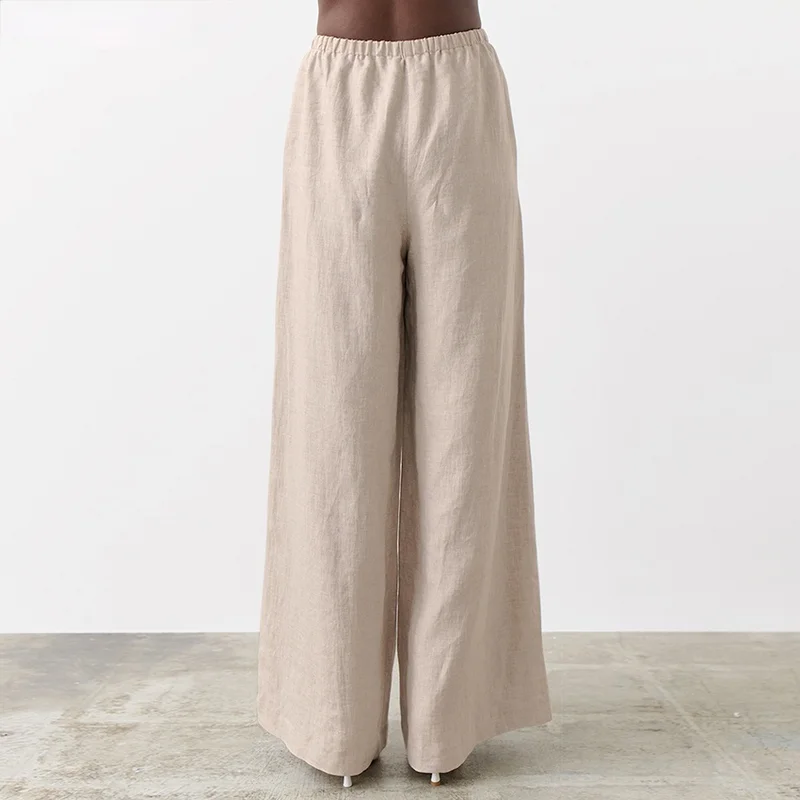 

High Waisted Pants Retro Linen Loose Slim Trousers Women Spring and Summer Thin Elastic Belt Cotton and Linen Wide-leg Pants