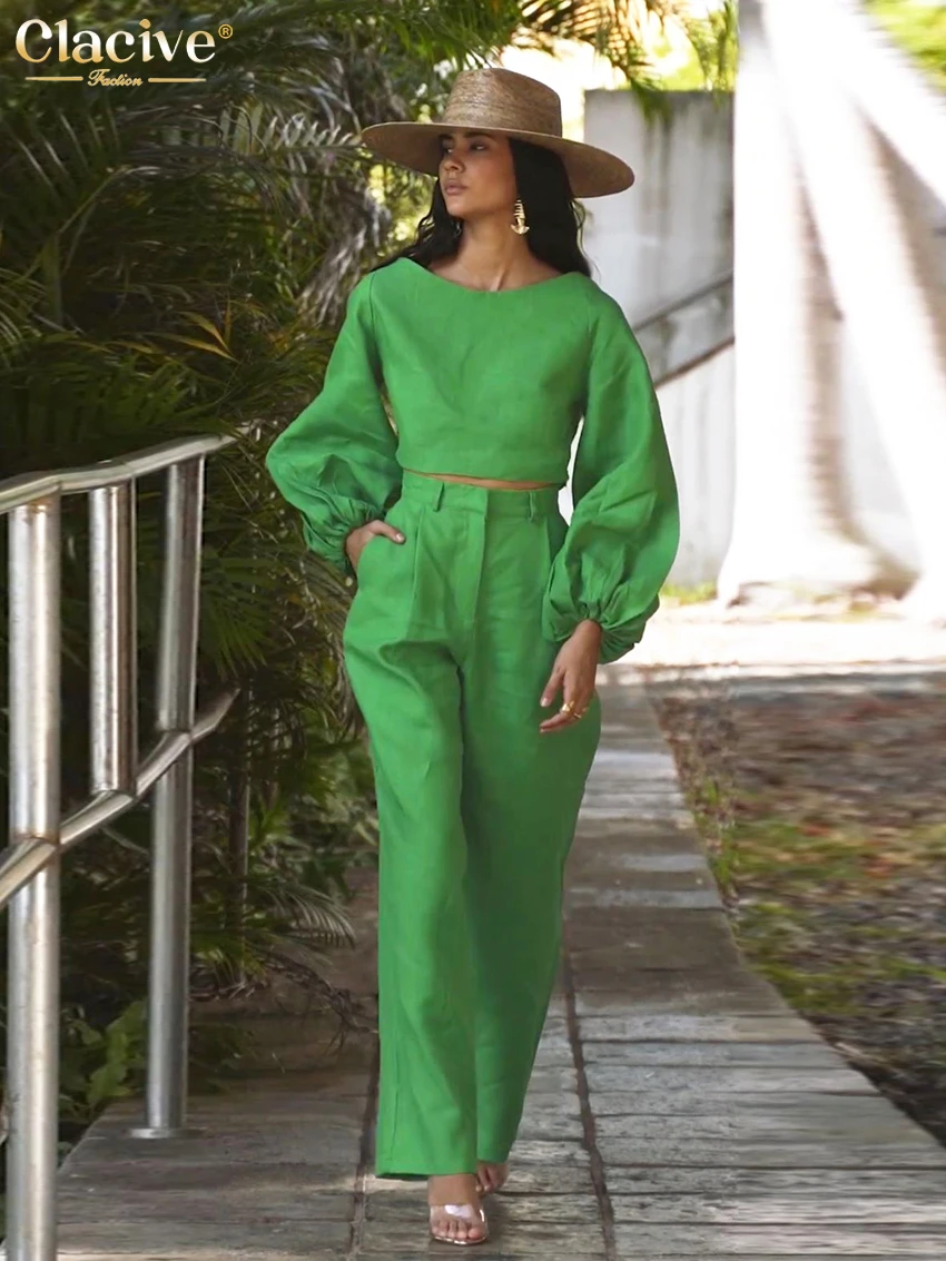

Clacive Fashion Green Linen Women Two Piece Outfits 2023 Elegant O-Neck Puff Sleeve Crop Shirts With High Waist Pants Set Female