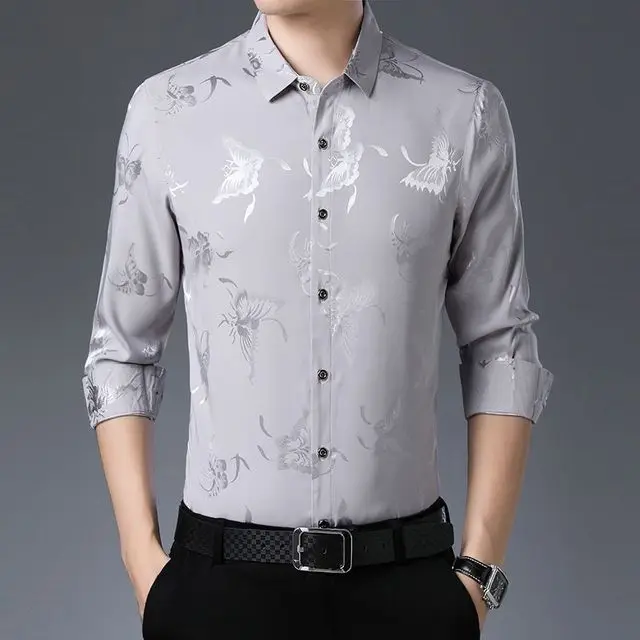 

Men's High Quality Korean Fashion Mulberry Silk Shirt Spring Summer Chic Business Casual Printed Mature Male Vintage Blouse