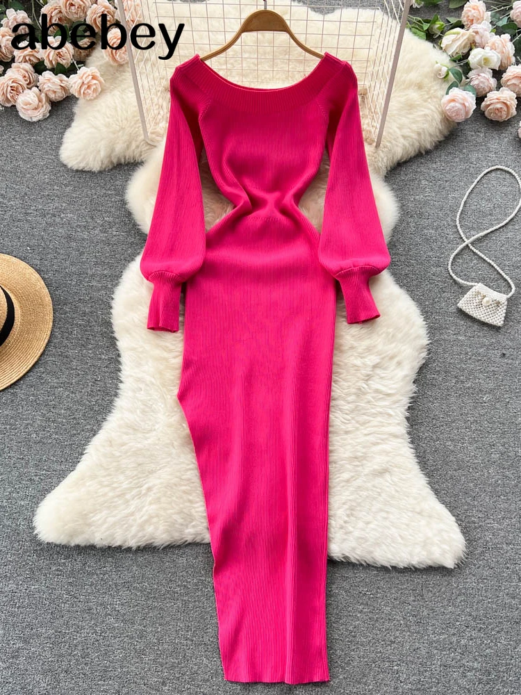 

Women Korean Knitted Dress Long Sleeve Slash Neck Elastic Slim Pencil Dresses 2022 Autumn Sexy Bodycon Split Sweater Dress