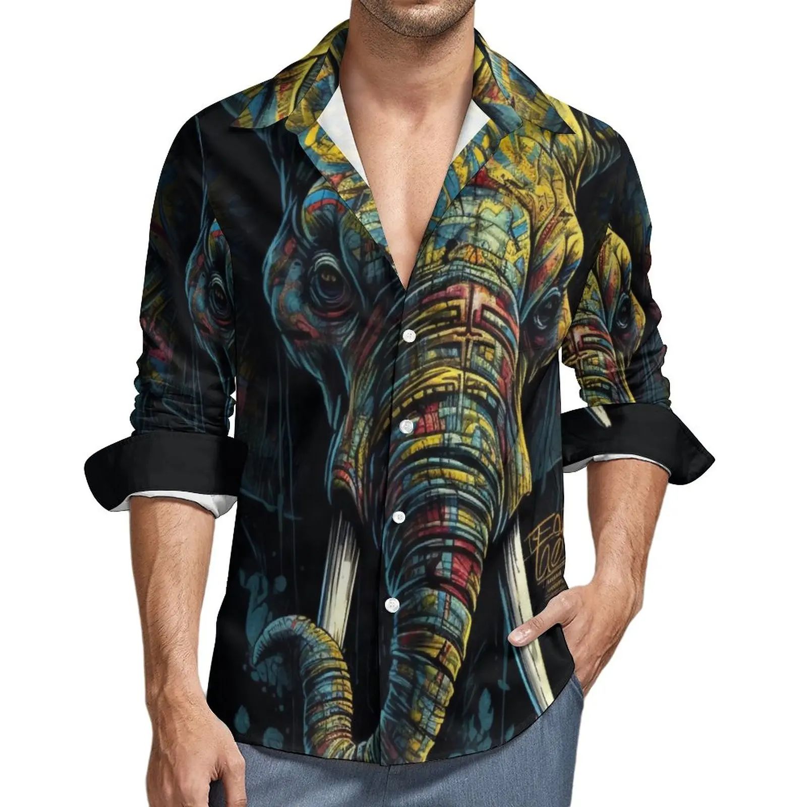 

Elephant Shirt Male Zombie Portraits Casual Shirts Autumn Funny Printed Blouses Long Sleeve Cool Oversized Clothes Gift