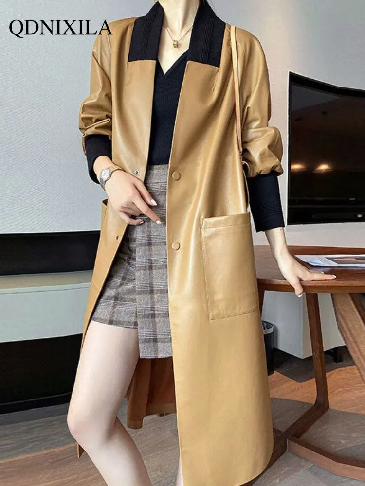 Women's Leather Jacket Sheepskin Coat 2023 New Korean Version of Loose Long Trench Coat PU Women Jacket New In Outerwear