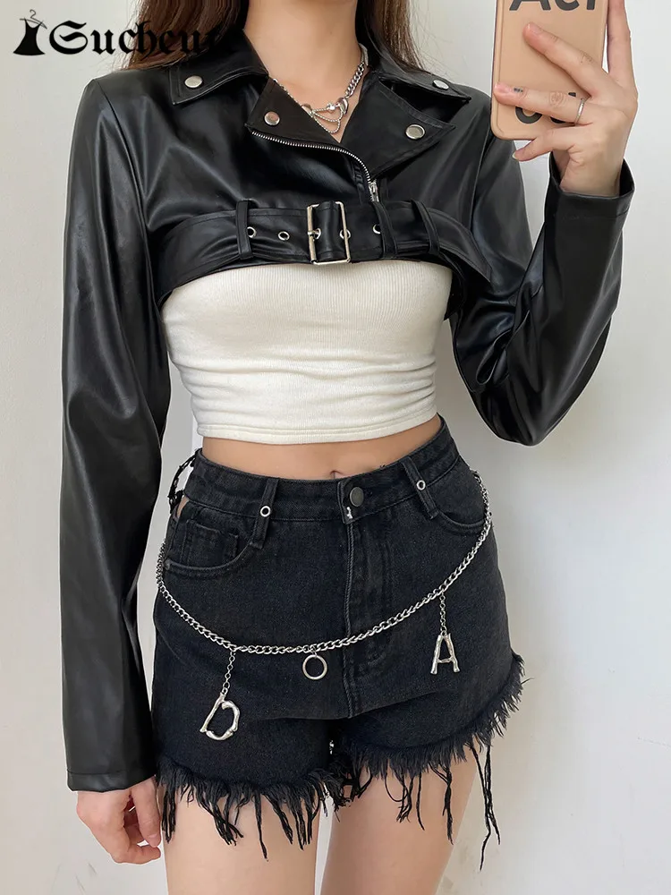 SUCHCUTE Punk Style Black Faux Leather Jackets Women Moto Biker Zip Up Slim PU Cropped Jacket Motorcycle Racing Lapel Outwears