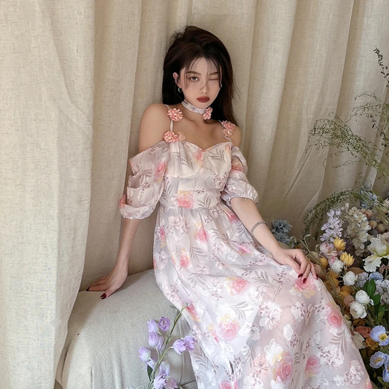 

2022 Summer Women's Sexy Floral Sling Dress French Retro Three-dimensional Flower Puff Sleeve Long Skirt Elegant Clothing