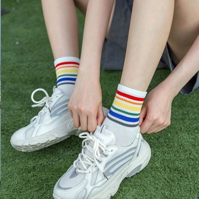 2022 Rainbow Socks for Women Funny Striped Mid Tube Socks Ladies Cotton Ankle Socks Autumn Trend chaussettes enfants pour fille
