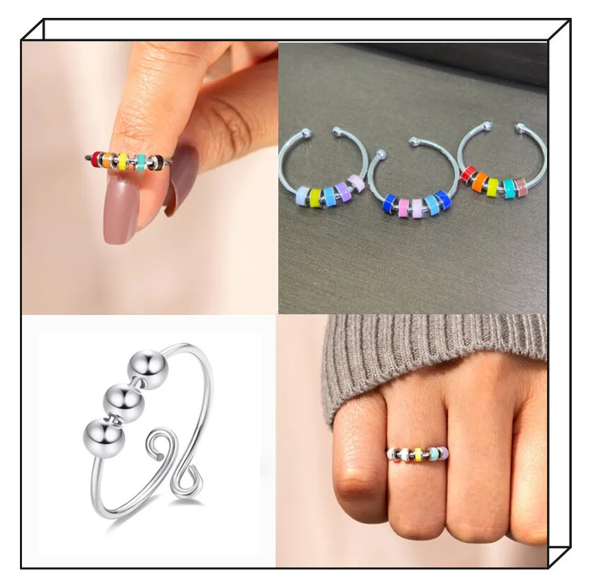 

S925 sterling silver stainless steel ring Rotatable Adjustable open de-stress Enamel colored glaze ring Women's fashion jewelry
