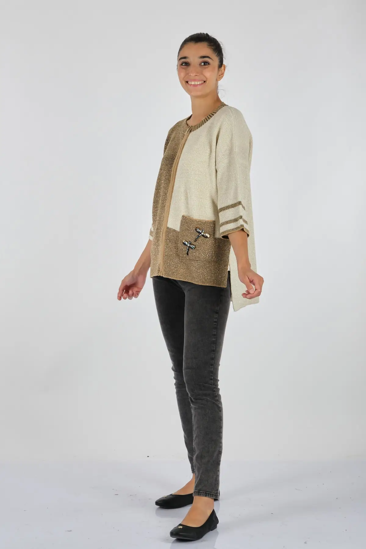 

Женский кардиган с вырезом под горло, с рукавом три четверти