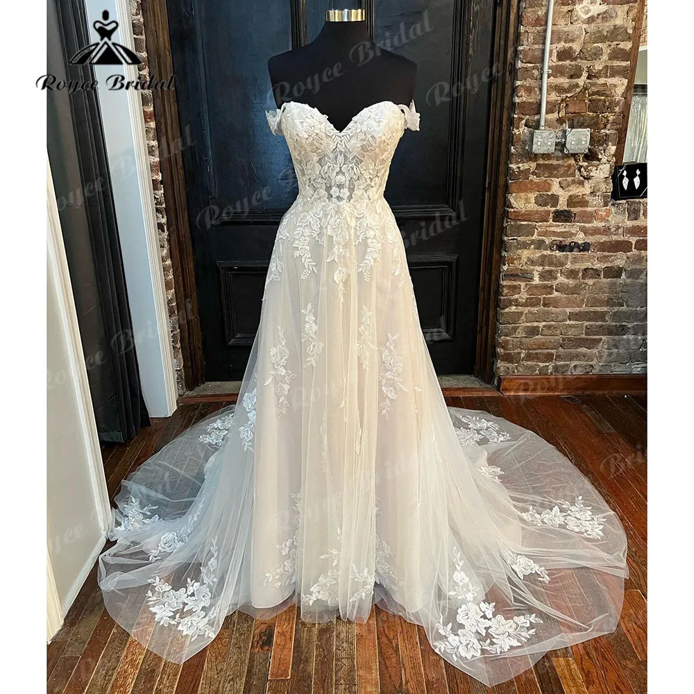 

Скромное кружевное платье с открытыми плечами и аппликацией трапециевидного силуэта, Пляжное свадебное платье в стиле бохо, 2023, свадебные п...