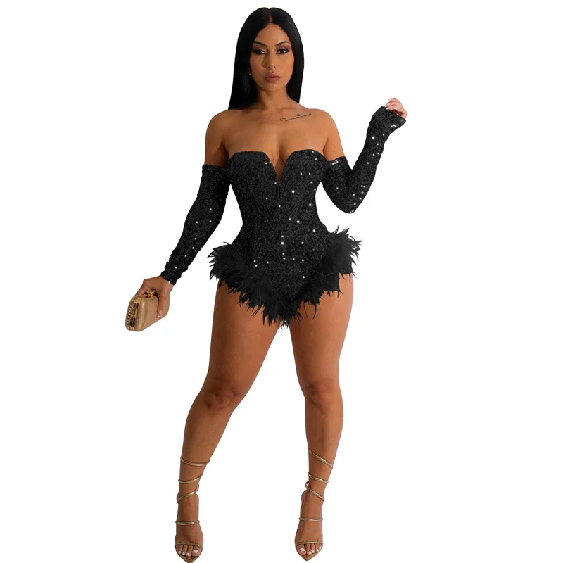 

New Fashion Feathers Women Bodysuits Off Shoulder Sequins Sexy Bodycon Rompers Long Sleeve Slash Neck Party Club Wear Playsuits