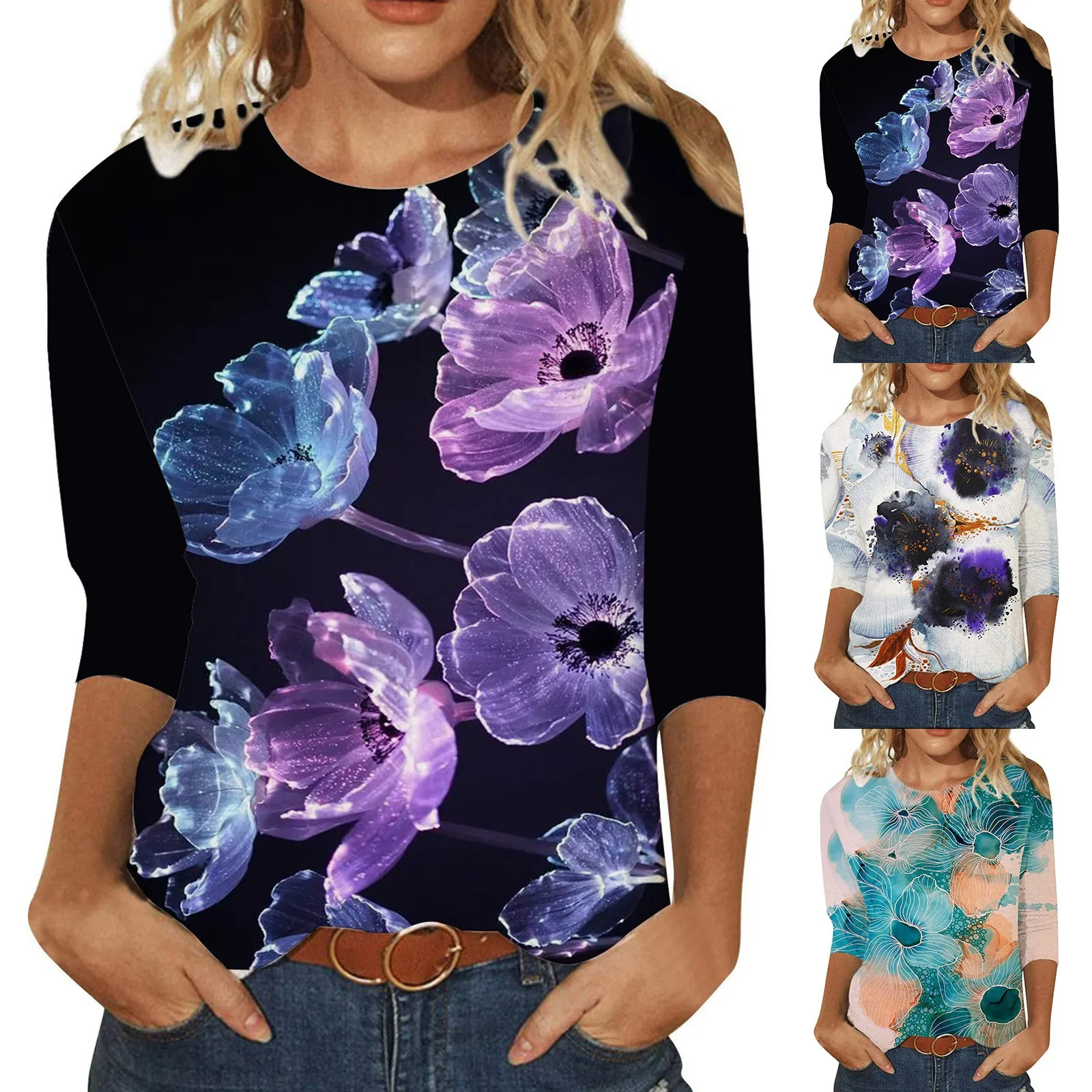 

Womens 3 Of 4 Sleeve Crew Neck Floral Petal Printed Shirts Top Casual Loose Comfy Shirts Tee T Shirts Women Top