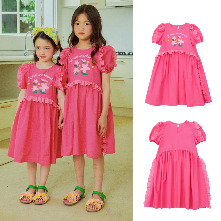 

Girls Dress Summer Print Puff Sleeves Children's Dress Cotton Korean Style Princess Dress Prom Evening Dress Children's Clothing