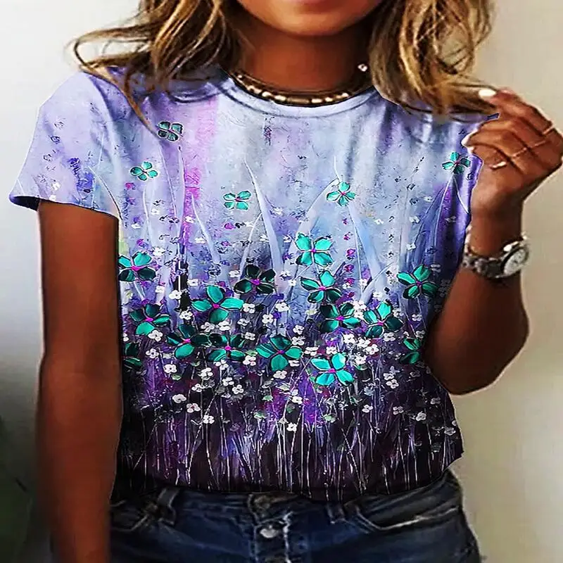 

Ladies Summer 3D Printed Floral Casual T-Shirt, 2022 European and American Style Polyester Crew Neck Top Dress
