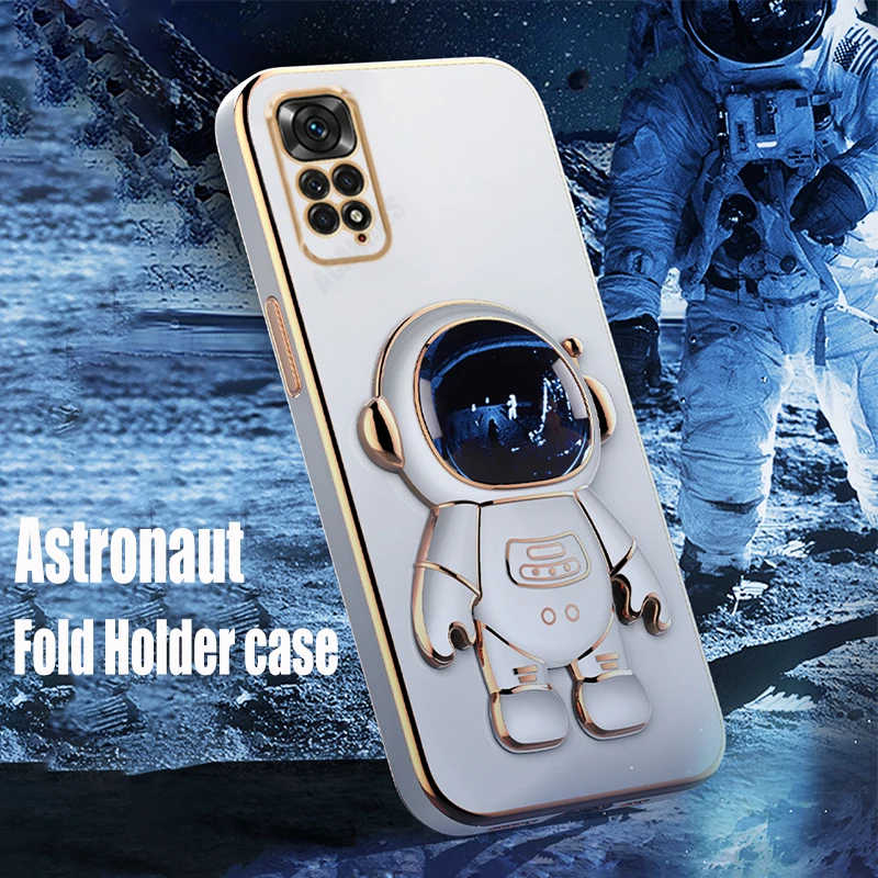 Plating Astronaut Folding Holder Case On For Xiaomi Redmi Note 11 10 9 8 Pro 11s 10s 9s 8t 7 11pro 10pro 9c Silicone Stand Cover