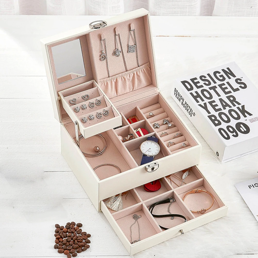 

Necklaces Rings Earrings Storage Makeup Organizer Multi Layer Portable Jewelry Box Simple Solid Gift Display Organizer With Key