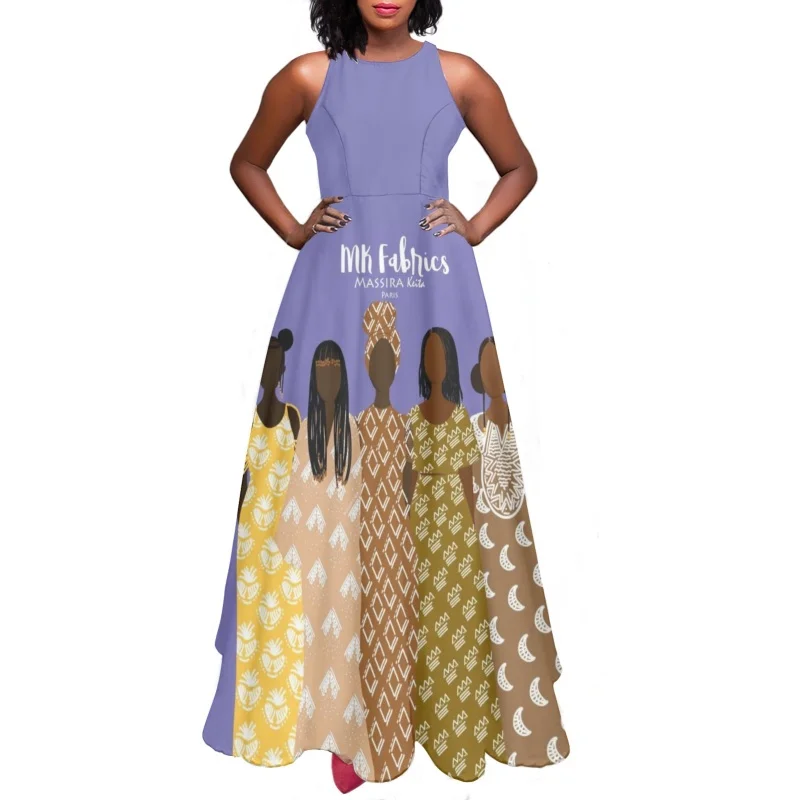 

Summer African Women Design Long Flare Dress Streetwear Elegant Female Sleeveless Dresses Casual Girls Vestidos Largos Clothing