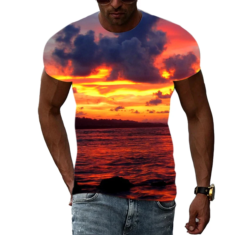 

Men's Seascape Printed T-shirt, 3D Hip Hop Printed Summer Casual Wear, Personalized Short-sleeved European and American Fashion