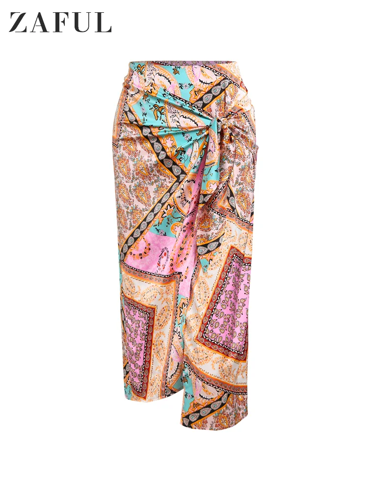 

ZAFUL Bandana Paisley Print Tie Midi Sarong-style Skirt Zipper Fly for Women Daily Vacation ZF495489601
