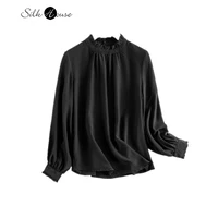 silk fungus collar shirt fashion black stand collar lantern sleeve mulberry silk long sleeve shirt 2022 womens fashion t shirt