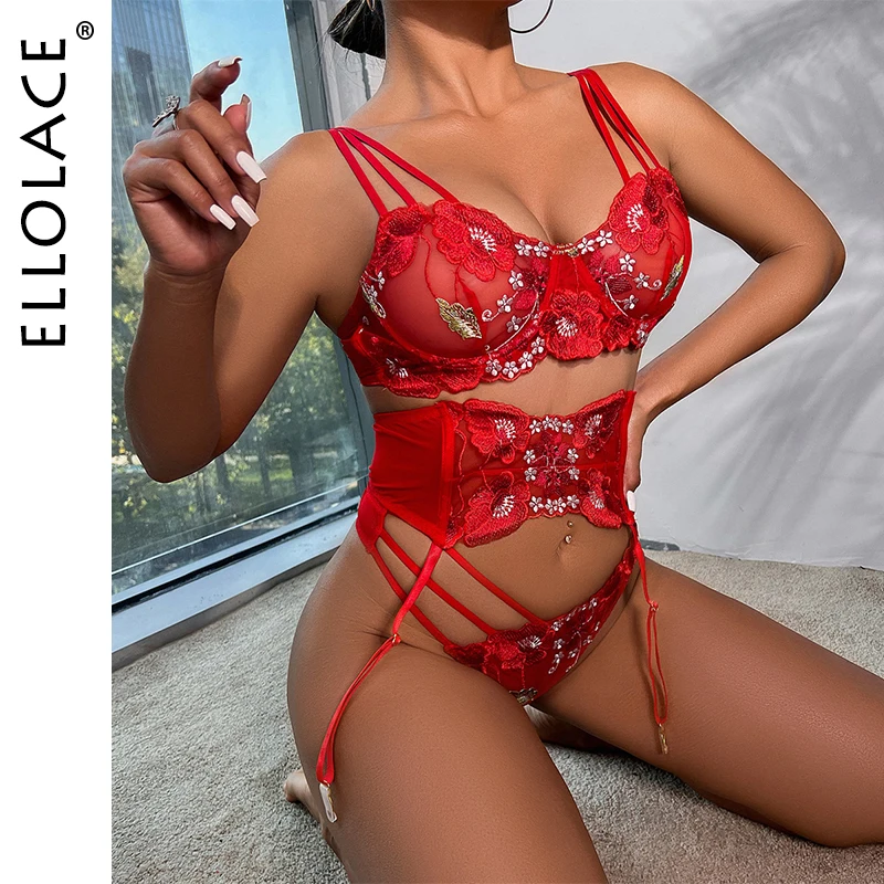 

Ellolace женское белье, роскошное кружевное чувственное необычное нижнее белье для шлюхи, сексуальный бюстгальтер с вышивкой, стринги, 3 предме...