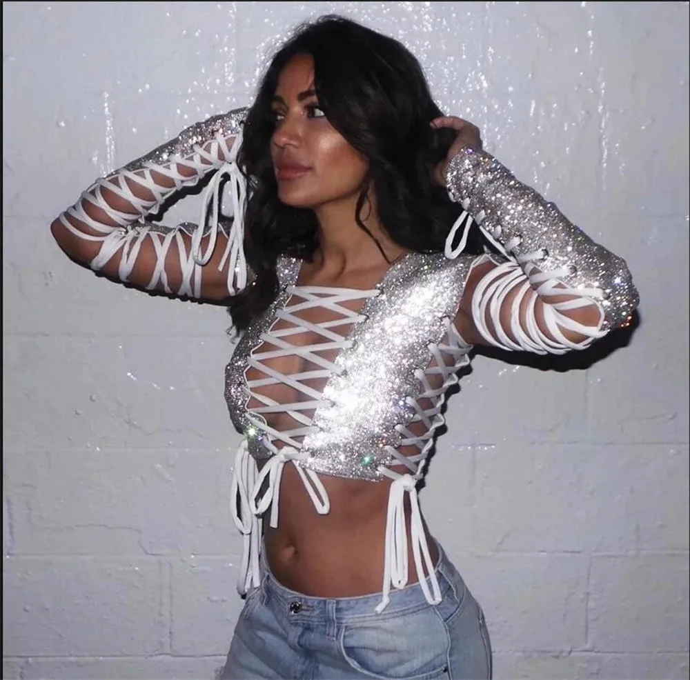 

2022 Glitter Rhinestones lace up T Shirt Criss Cross Bandage Crystal Long Sleeve Crop Top Sexy Women Club Party Fashion Tops