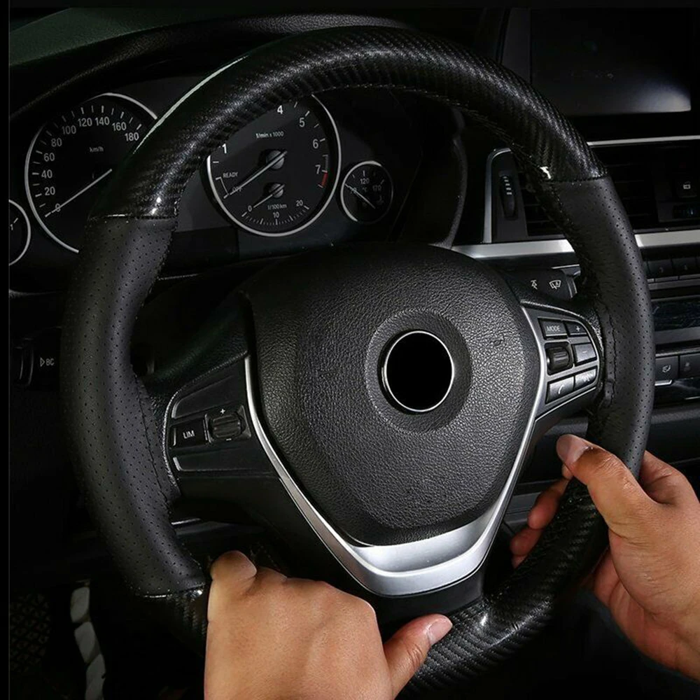 

15"/38cm Steering wheel cover 1pc Accessories Car Carbon DIY Replacement With Needles&Thread Practical Durable