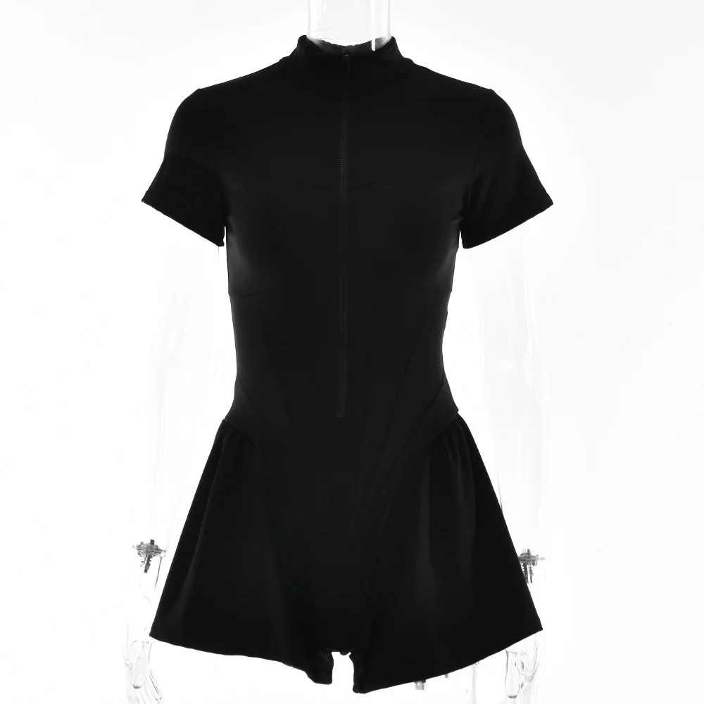 Autumn Sexy Bodycon Playsuit Women Jumpsuit O Neck Short Sleeve Zipper Bodysuit Female Elegant Slim Playsuits Rompers