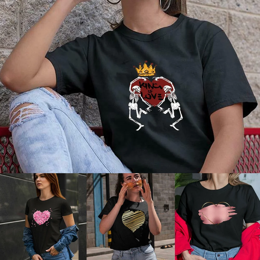 

Summer Women T-shirt with Floral Print and Heart Harajuku Female Clothing Casual T Shirt Round Collar Short Sleeve Tops Tshirt