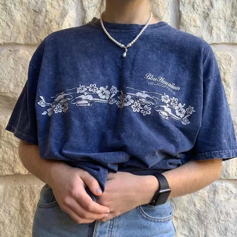 

Женская свободная футболка с цветочным принтом, темно-синяя Повседневная футболка оверсайз с круглым вырезом и коротким рукавом, лето 2019