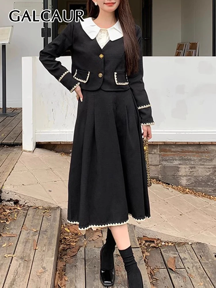 

GALCAUR Elegant Two Piece Sets For Women Peter Pan Collar Long Sleeve Spliced Button Top High Waist Skirts Hit Color Set Female