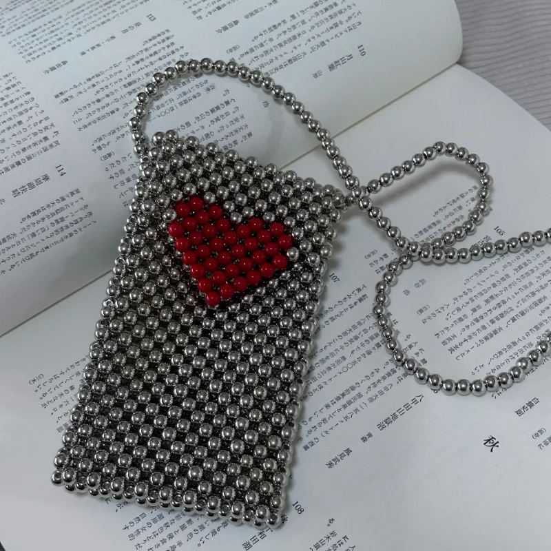 

Серебряные сумки с кристаллами Love, женская модная простая сумка через плечо в стиле ретро, плетеная вручную мини-сумка из бусин