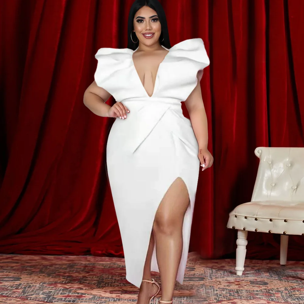 

Women Sexy Banquet Dress Plus Size Party Eelegant Night Ruched Butterfly Patchwork White Deep V Backless Split Long Dresses
