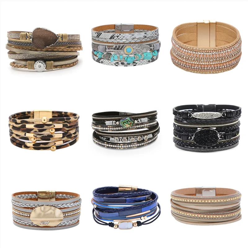 

European and American Crystal Feather Braided Leather Bracelet Women's Vintage Bohemian Feather Turquoise Magnet Buckle Bracelet