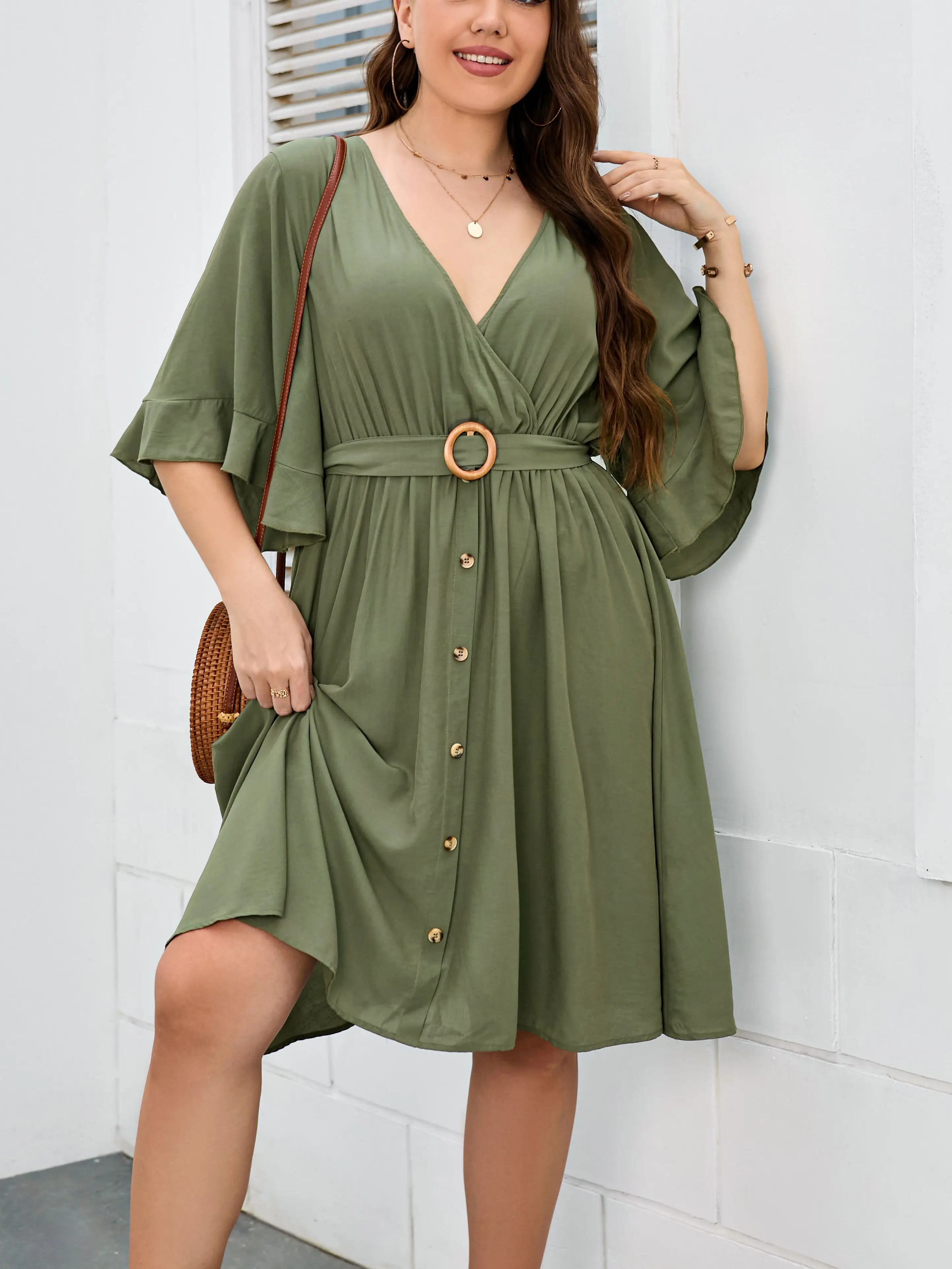 

Plus size Solid Belted Dress Boho Tie Back Casual A-line Dresses