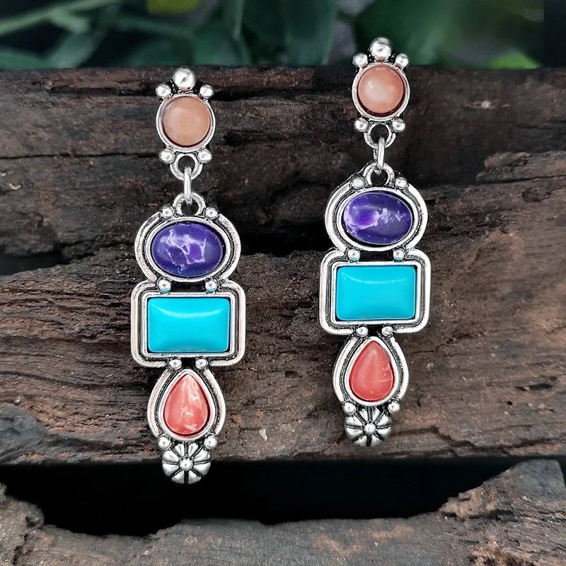

Vintage Fashion Melange Stone Earrings Exaggerated Retro Green Stone Ethnic Style Bohemian Earrings for Women Jewelry
