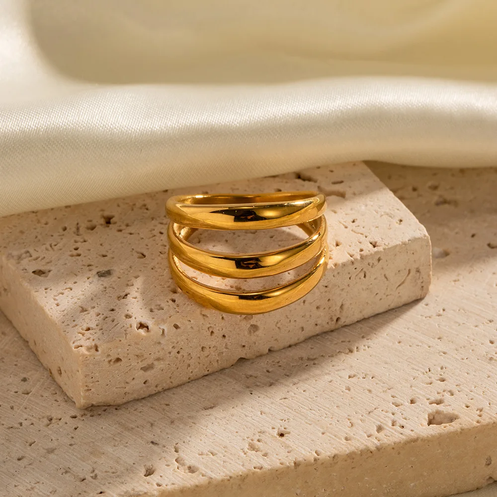 

Stainless Steel PVD 18K Gold Plated Tarnish Waterproof Layed Cutout Rings For Woman Jewelry Wholesale INS Trendy