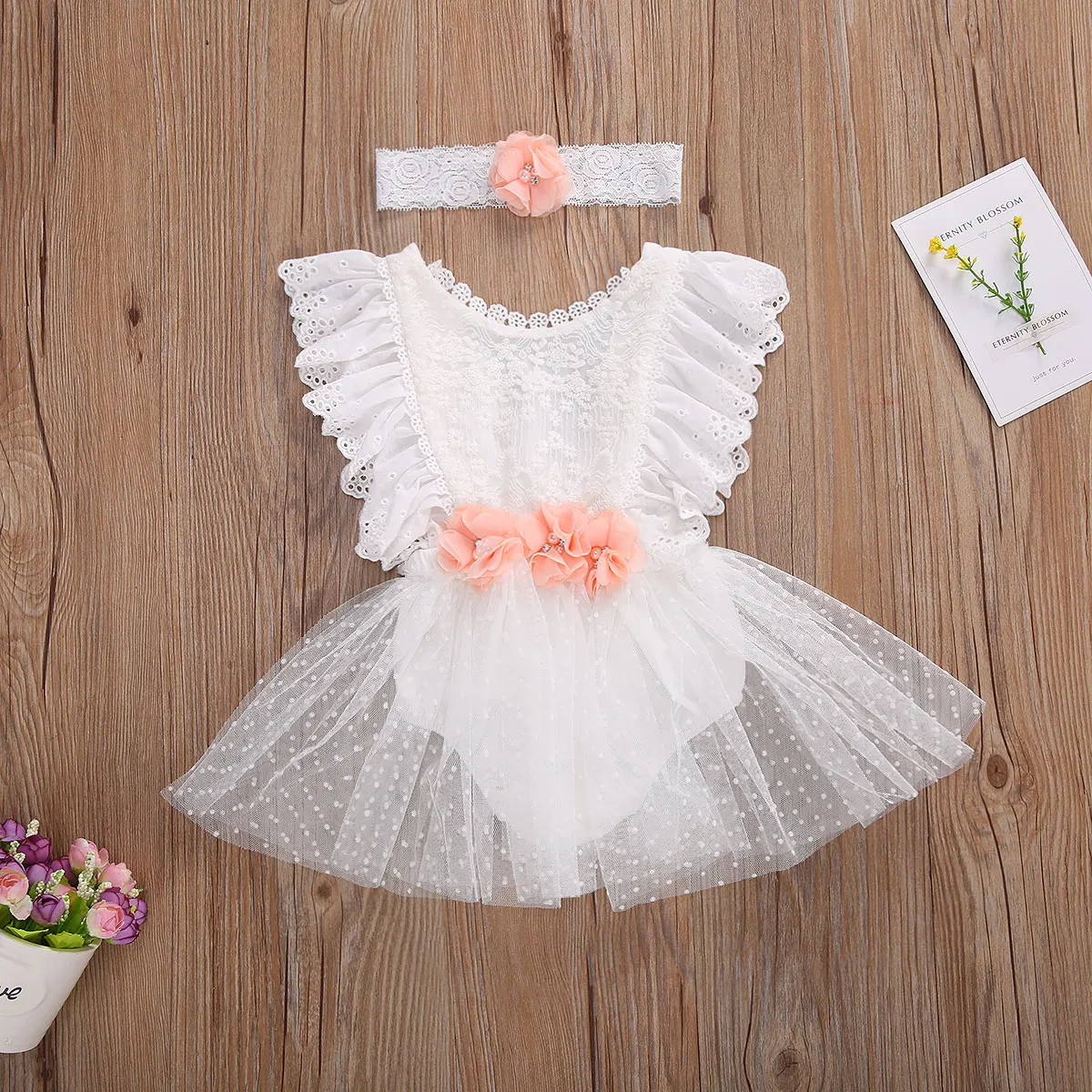 

0-24M Princess Infant Baby Girls Rompers Headband Lace Flowers Print Ruffles Jumpsuits 2pcs