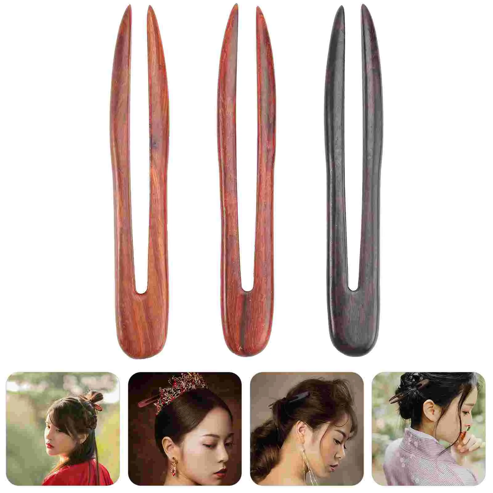 

3Pcs U Shaped Hair Pin Vintage Wooden Hair Fork U- shaped Hair Clips Chignon Pin for Hairstyles