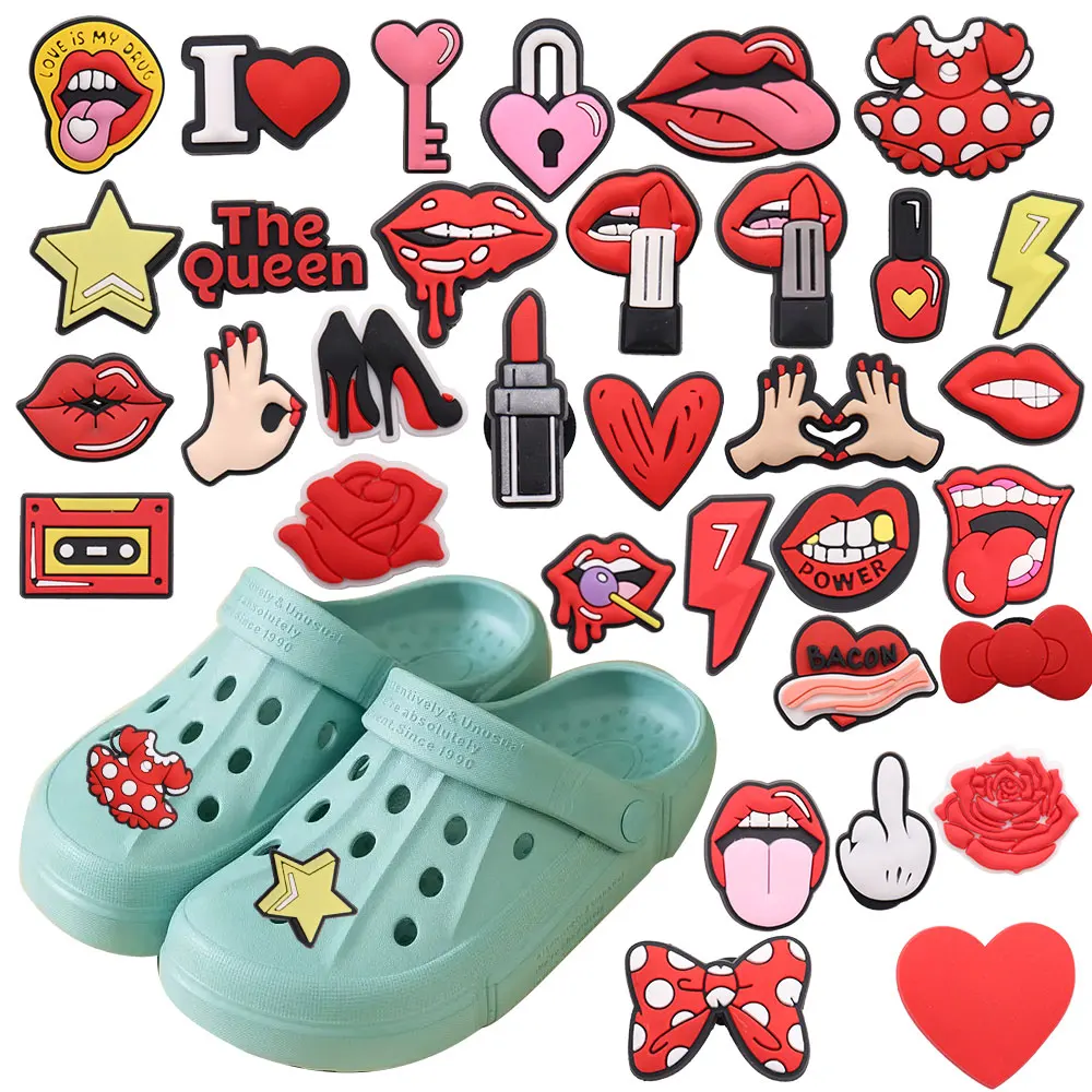 

New Arrival 1pcs Shoe Charms Sexy Red Lip Heart Star Lightning Accessories PVC Shoe Decoration For Wristbands Croc Jibz Gift